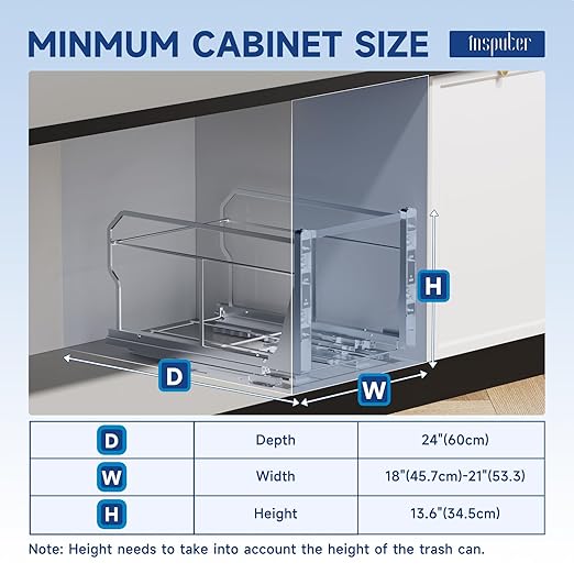 Insputer Double Pull Out Trash Can Under Cabinet with Push to Open Slides, Heavy Duty Under Sink Garbage Can Kit for Kitchen, Not Include Bin, Require 18" W X 24" D Cabinet, has Installation Video