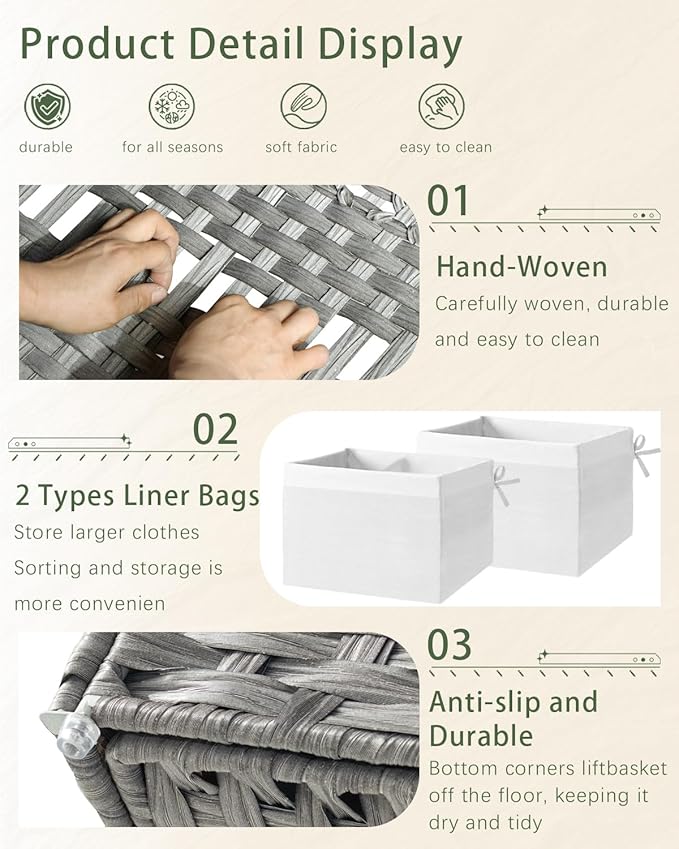 Storage Basket with Lid Rattan, Woven Storage Baskets with 2 Separate Lids, 17.2 Gallon (65 L), 22.2 x 13 x 13.8 Inches, Foldable, 2 Removable Liner Bags Handles for Bedroom, Laundry Room Gray