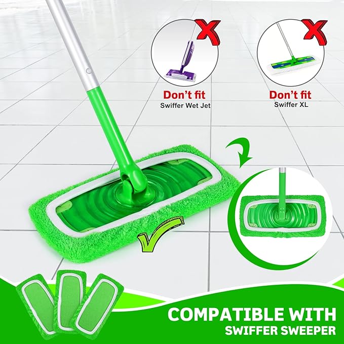 6 Pack Reusable Microfiber Mop Pads Compatible with Swiffer Sweeper Mop, Dry Sweeping Cloths & Wet Mopping Cloths, Washable Wet Pads Refill for Hardwood Surface Floor Cleaning