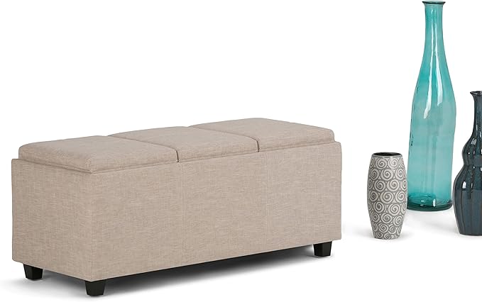 SIMPLIHOME Avalon 42 inch Wide Contemporary Rectangle Storage Ottoman in Natural Linen Look Fabric, Assembled, for the Living Room, Entryway and Family Room