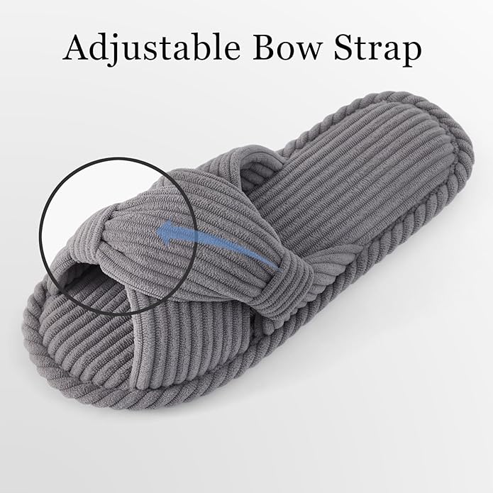 Evshine Summer House Slippers for Women Corduroy Cross Bow Indoor Slippers Open Toe Slip On Bedroom Shoes with Memory Foam