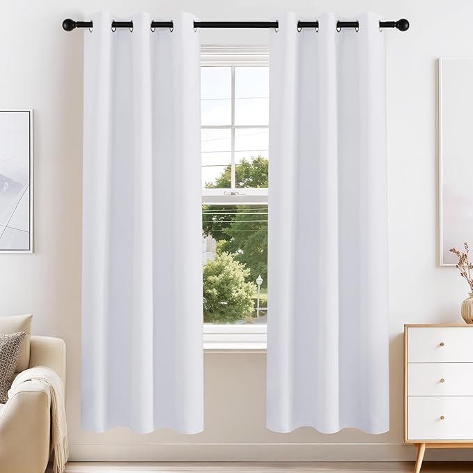PONY DANCE Pure White Blackout Curtains for Bedroom 63 Inch Length 2 Panels Set, Thermal Insulated Energy Saving Grommet Top Window Treatment Drapes for Living Room, W34 x L63 Inch