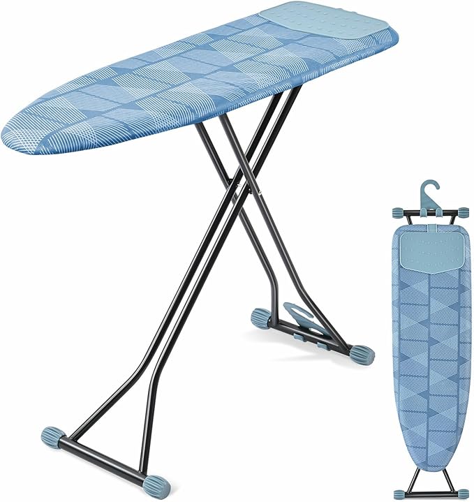 APEXCHASER Ironing Board with Iron Rest, Compact and Space Saver Iron Board, Extra Thick Cover, Height Adjustable, Wall Mount & Closet Hanger 13x43 Blue