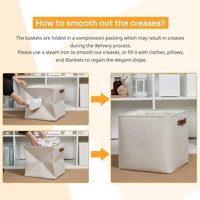 DULLEMELO Storage Bins, 4 Pack Of 13x13x13 Decorative Storage Cube Bins Suit Office, Home, Shelves And Closet, Cube Storage Bin with Leather handle(4 Pack - 13" Beige)