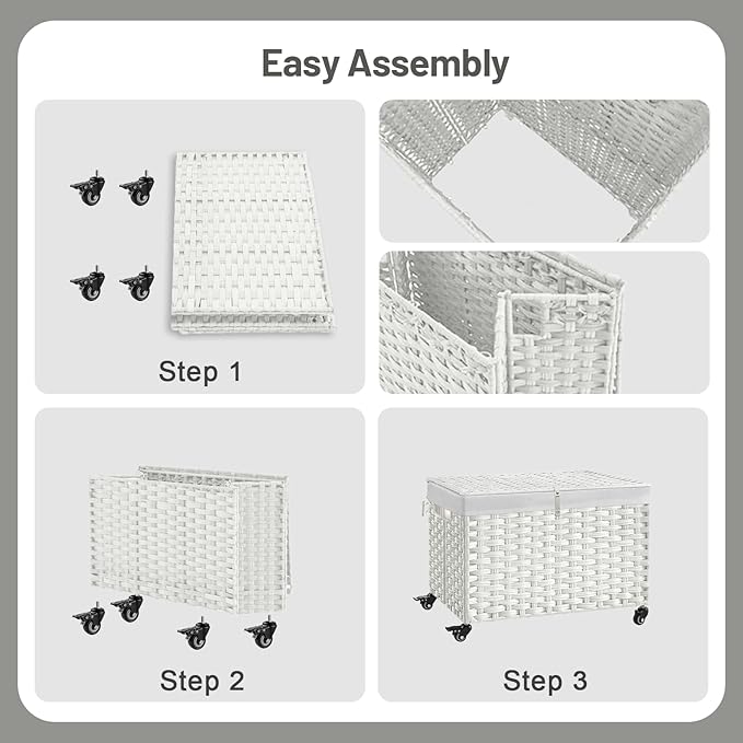 Rolling Storage Basket with Lid, 47.6 Gallon (180L) Storage Bin with Wheels, Woven Rattan Blanket Storage Basket with Handles, Foldable, Metal Frame, Removable Liner for Bedroom, Laundry Room, White