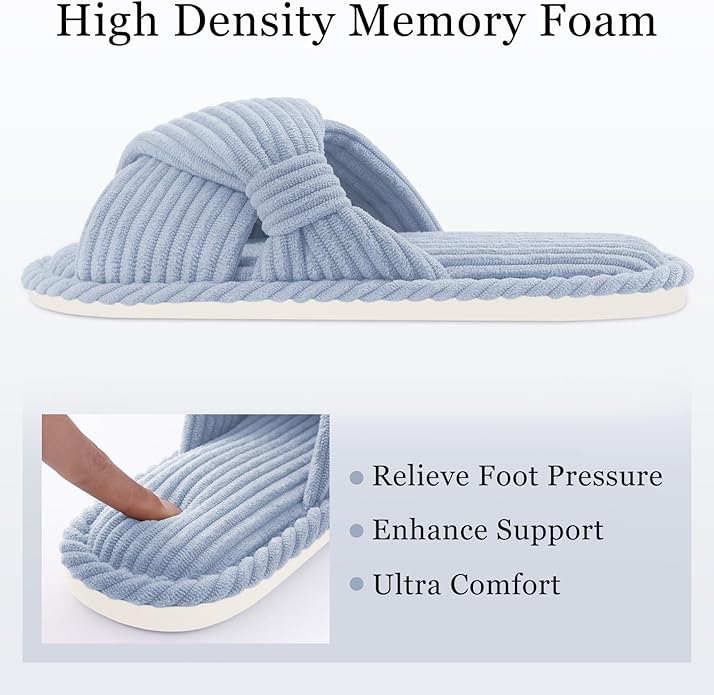 Evshine Summer House Slippers for Women Corduroy Cross Bow Indoor Slippers Open Toe Slip On Bedroom Shoes with Memory Foam