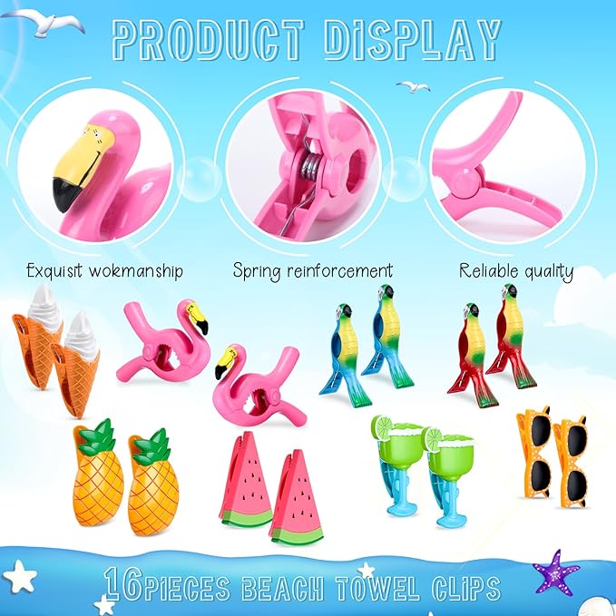 Rtteri 16 Pcs Beach Towel Clips for Beach Chairs Cute Towel Holder Cruise Clothes Pins for Lounge Chair Patio Pool, Assorted Style(Classic)