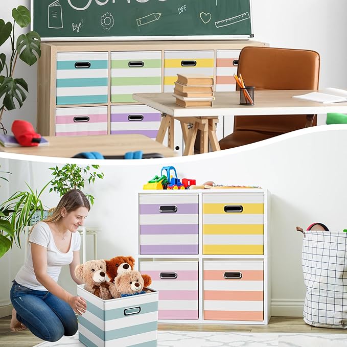 6 Pcs Fabric Storage Cubes Bins with Metal Handle Christmas Storage Bin 11 Inch Macaron Colored Striped Collapsible Bins Holiday Storages Organizer for Gift Books Kids Room Closet and Toys