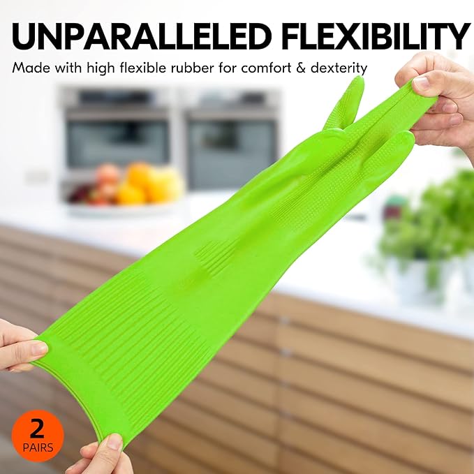 Vgo 2-Pairs Dishwashing Gloves, Reusable Household Gloves, Long Sleeve, Thick Latex, Cleaning, Washing, Working, Painting, Gardening, Pet Care (Size S, Green, RB2143)