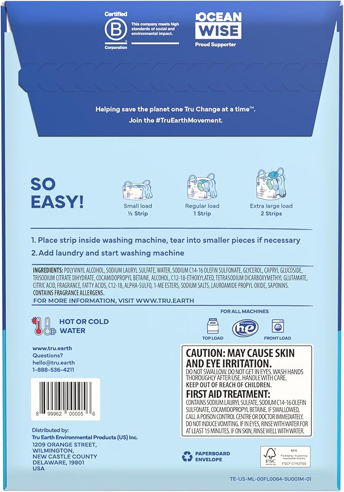 Tru Earth Compact Dry Laundry Detergent - Up to 128 Loads (64 Sheets) - Paraben-Free - Original Eco-Strip Liquidless Detergent, Travel - Fresh Linen | Packaging May Vary