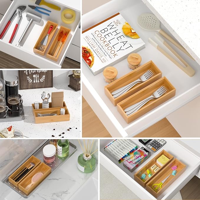 Silverware Tray for Drawer, Stackable Kitchen Bamboo Drawer Organizer 9" x 3" x 2" Set of 2