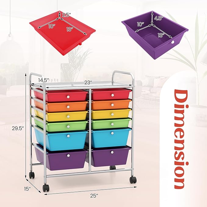 GOFLAME 12-Drawer Rolling Storage Cart, Multipurpose Organizer Cart with 2 Sizes Plastic Drawers, Mobile Utility Cart with Lockable Casters for School, Home Office, Beauty Salon, Multicolored