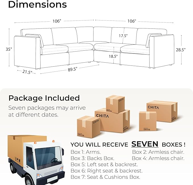 CHITA Oversized Corner Modular Sectional Fabric Sofa Set, FSC Certified Extra Large 5 seat V Shaped Corner Sectional Cloud Couch for Living Room, 106 inch Width,4 Seat and 1 Middle Corner, Linen