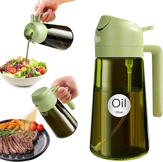 YARRAMATE 16oz/470ml Light Blocking Oil Sprayer for Cooking with Stickers, Food-Grade 2 in 1 Olive Oil Dispenser Bottle for Kitchen, Premium Dark Green Glass Oil Bottle for Air Fryer, BBQ (Green)