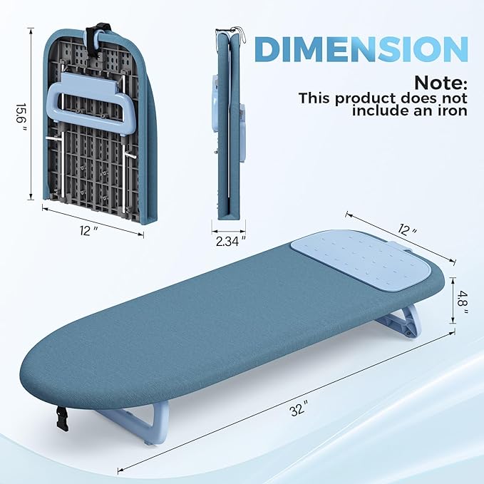 KINGBOARD Tabletop Ironing Board, Small Ironing Board with Iron Mat, Foldable Mini Iron Board, Easy Storage for Travel & Dorm, 12x32 Blue