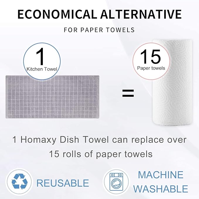 Homaxy 100% Cotton Terry Kitchen Towels(Light Grey, 13 x 28 inches), Checkered Designed, Soft and Super Absorbent Dish Towels, 6 Pack