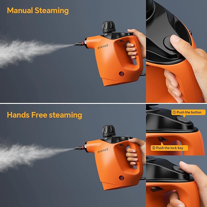 Handheld Steam Cleaner, Steam Cleaner with 16 PCS Accessory & Safety Lock, 500ML Large Capacity Natural Surface Steam for Cleaning, Multipurpose Steamer for Home, Car, Bathroom, Grease (Orange)