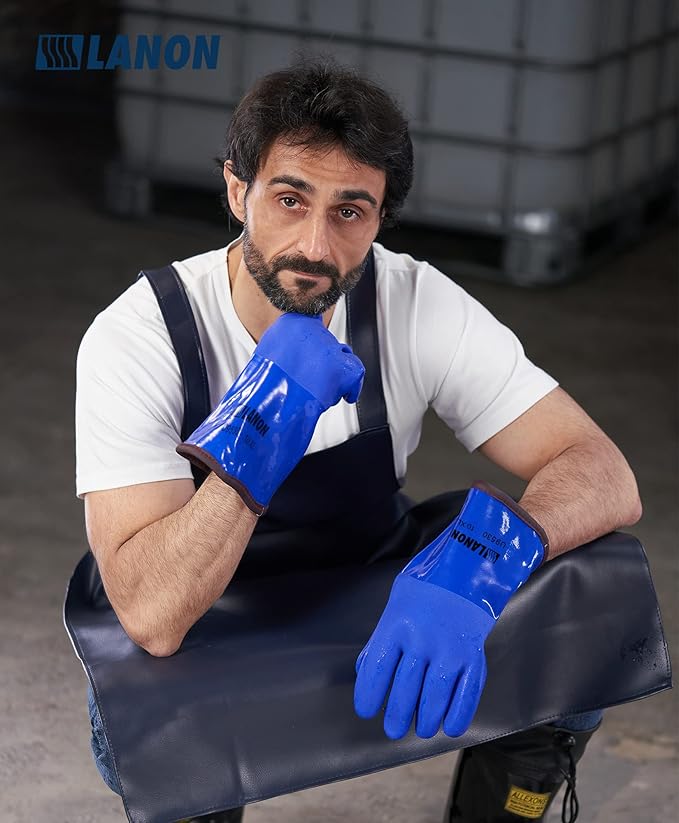 LANON PVC Coated Cold Proof Heavy Duty Gloves, Waterproof Warm Work Gloves for Freezer Work, Chemical & Oil Resistant, Non-Slip, Large (Pack of 2)
