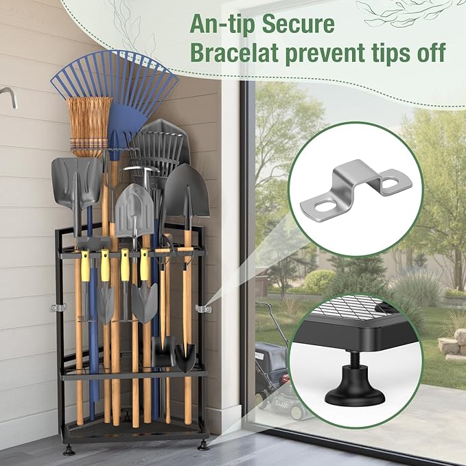 Garden Tool Organizer for Corner,Metal Yard Tool Organizer for Long-Handled Tools/Rakes/Brooms,Side Garden Pocket,Heavy Duty Steel Yard Tool Storage Rack for Garage,Shed, Outdoor