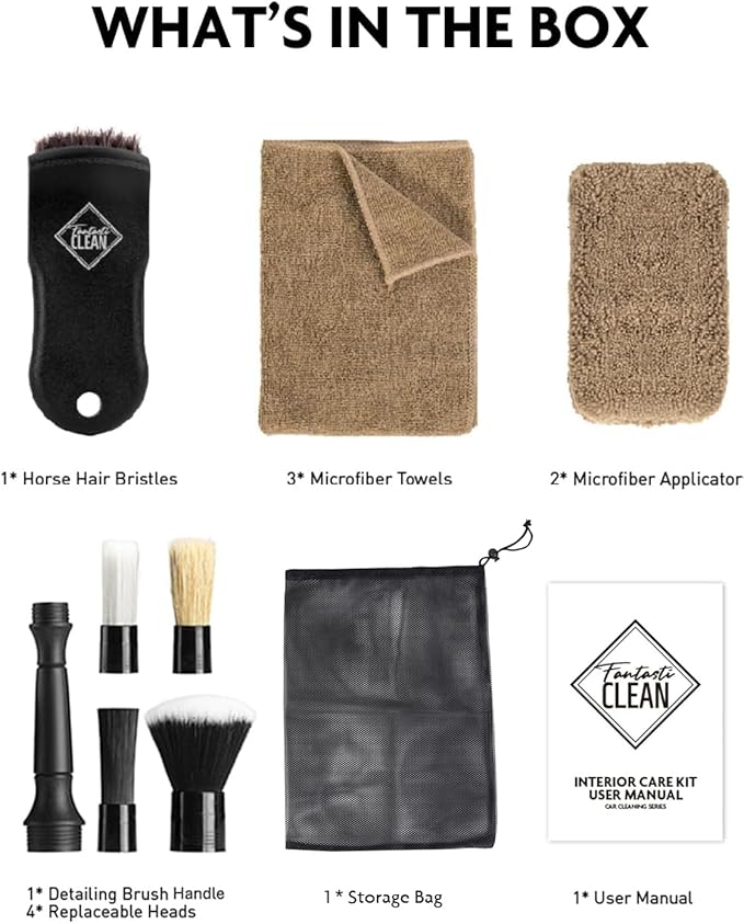 Fantasticlean 9PCS Car Interior Detailing Set, Microfiber Cloth & Applicator, Double-Head Detailing Brushes, Natural Bristles, Scratch-Free, Ultra-Soft for Seats Leather Care or Cleaning