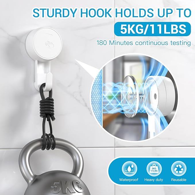 LUXEAR Suction Hooks Powerful Vacuum Suction Shower Hook- Heavy Duty Hangers Waterproof Wall Hooks for Bathroom Kitchen Towel, Robe, Loofah Removable and Reusable Hooks for Bags Coat (2 Pack)