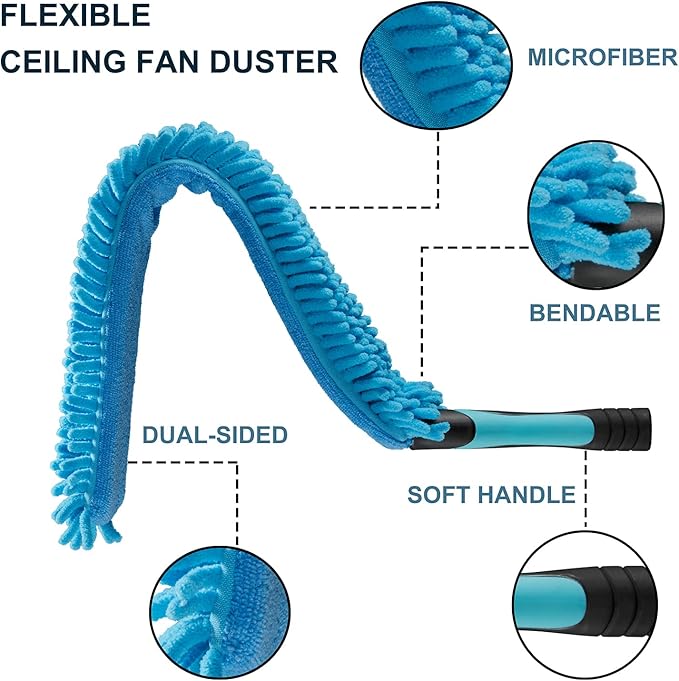 20 Foot High Ceiling Fan Duster with 5-12 Foot Extension Pole, Extendable Reusable Cobweb, Feather, Window Cleaning Squeegee Kit Blue