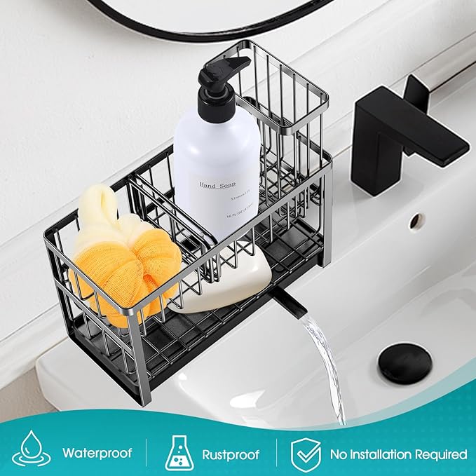Sinnsally Kitchen Sponge Holder,2 Tier Sink Caddy Organizer with High Brush Holder,Stainless Steel Sink Box Dish Scrubber Holder,Soap Tray for Kitchen Counter Accessories & Storage Rack (Black)