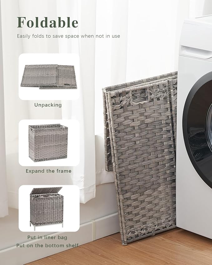 Laundry Hamper with Lid 132 L, (35 Gallons) Clothes Hamper with Lid, Handwoven Rattan Laundry Hamper with Metal Heightened Feet, Laundry Hampers with 3 Removable Liner Bags for Laundry-Gray