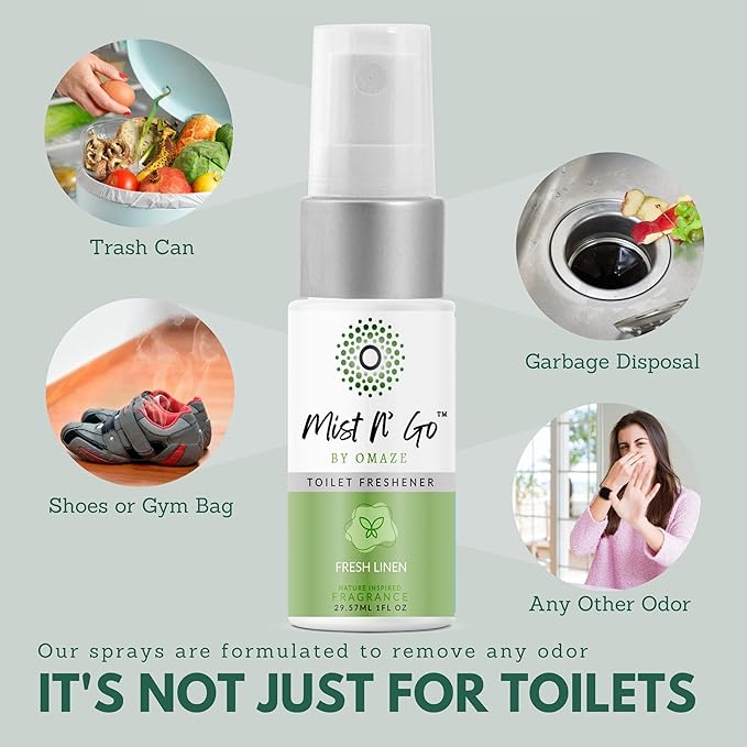 Mist N' Go by Omaze Travel Bathroom Spray - Toilet Odor Eliminator & Air Freshener - Fresh Linen (1oz x3)