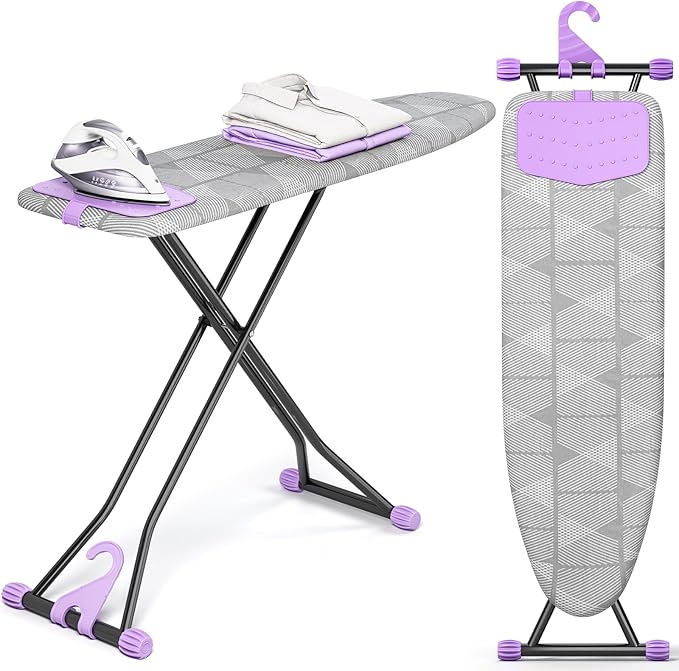 KINGBOARD Ironing Board, Compact Iron Board with Silicon Iron Mat, Heat Resistant Cover, 7 Height Adjustable, Foldable Ironing Board Wall Mount Hanger, 13x43 Grey