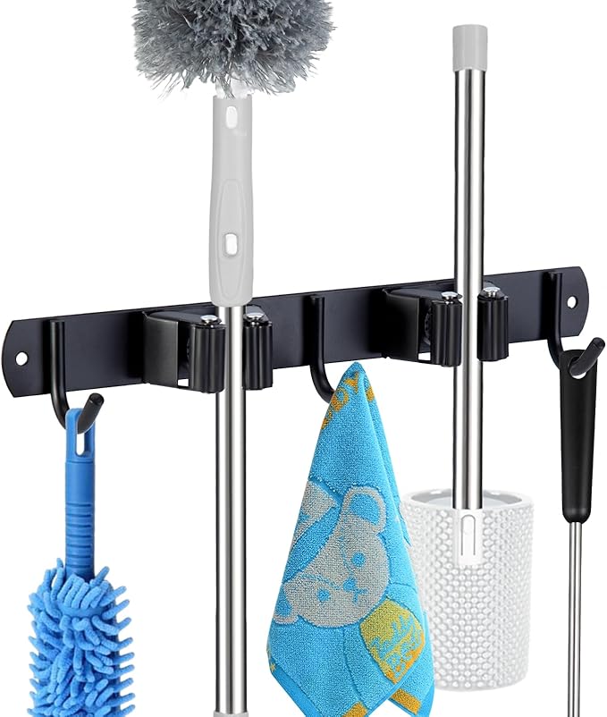 voze 2 Racks and 3 Hooks Mop and Broom Holder Wall Mount, Self Adhesive Heavy Duty Broom Organizer Storage Tool Racks for Kitchen Garden Laundry Garage