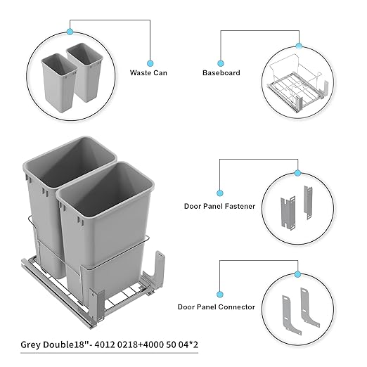 Dowell B18 Aluminum Base Wastebasket Pullout with Door Mount and Two 50Qt/13Gal Plastic Bins (4012 0218+50x2)