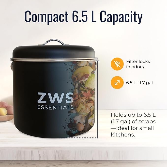 Black Stainless Steel Compost Bin | 6.5L Odor-Free Kitchen Countertop Food Scrap Pail with Charcoal Filter | Compact Zero Waste Solution for Home and Apartment Kitchens