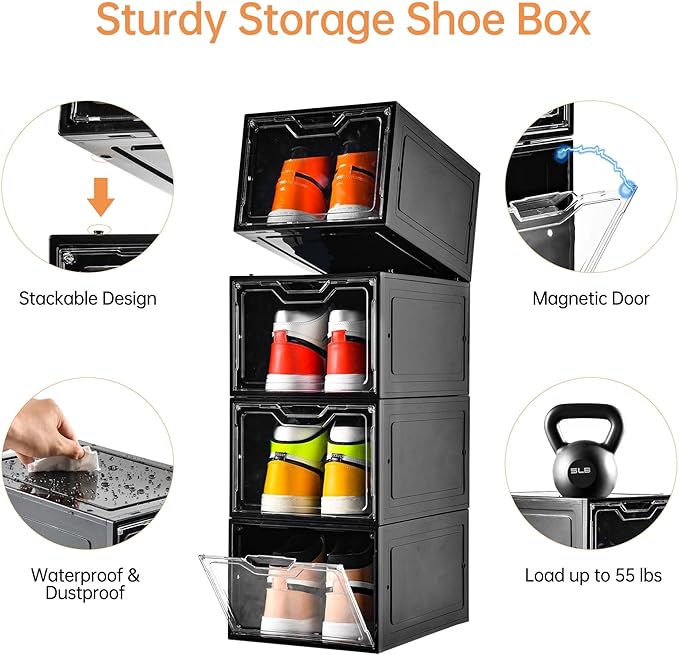 12 Pack Shoe Boxes Organizer, Magnetic Door Shoe Storage Boxes, Clear Sneaker Storage Box for Women/Men, Fit up to US Size 12