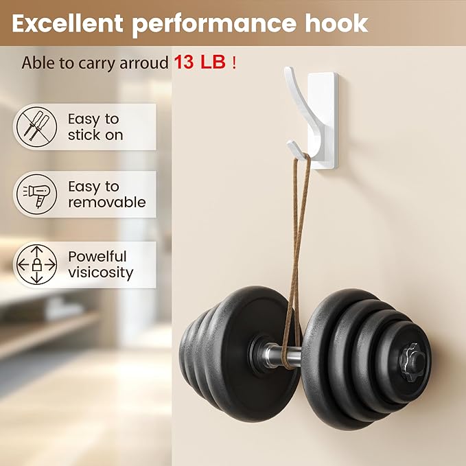 Self Adhesive Coat Hooks for Hanging, Heavy Duty Stainless Double Wall Hook for Towel, Backpack, Hat, Sturdy Metal Hanger for Bathroom, Bedroom, Door, Wall Mounted, 10 Pack, White