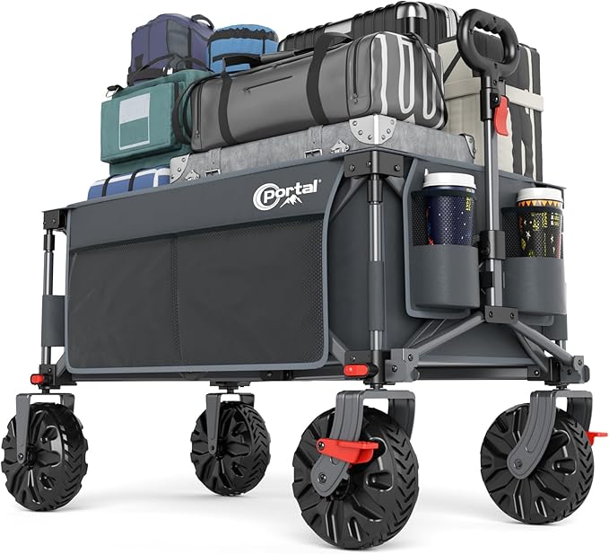 PORTAL Collapsible Wagon with Brakes, Heavy Duty Utility Cart with All-Terrain Wheels, Portable Folding Wagons for Camping, Beach, Garden, Shopping, and Groceries
