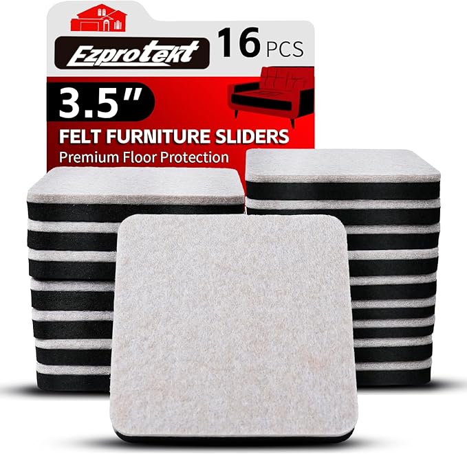 Ezprotekt 3.5" Felt Furniture Movers Sliders for Hardwood & Vinyl Floors, 16 Pcs Square Reusable Felt Furniture Moving Pads for Heavy Duty Sofa Bed Couch Cabinet, Move Items and Quickly (Beige)
