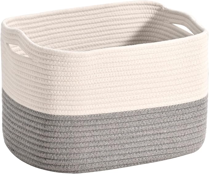 Woven Cotton Rope Storage Basket for Organizing, Cute Decorative Baskets for Gifts Empty, Organizer Bins for Dog Toy, Baby Laundry, 15“×11”×9.5“, Off White & Grey