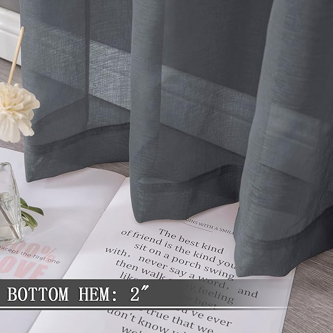Tollpiz Sheer Curtain Linen Textured Living Room Curtains Sheer Light Filtering Rod Pocket Voile Curtain for Bedroom, 54 x 72 inches Long, Dark Grey, Set of 2 Panels