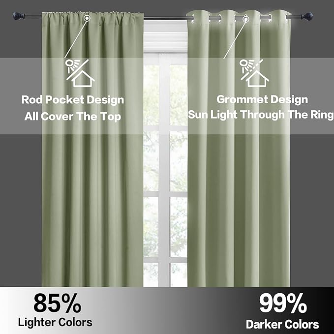 RYB HOME Bedroom Curtains Short - Blackout Privacy Energy Saving Farmhouse Curtains for RV Bunk Camper Bathroom Basement, 52 inch Width x 36 inch Length, Sage Green, 2 Pcs