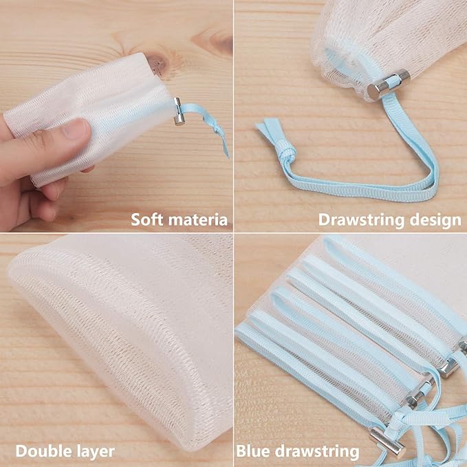 Cobahom Soap Bag 6 Pack 6 x 3.5 Inch Mesh Foaming Net Soap Sack Bags Soap Saver Pouch Net Bags with Drawstring for Bath & Shower （Blue）