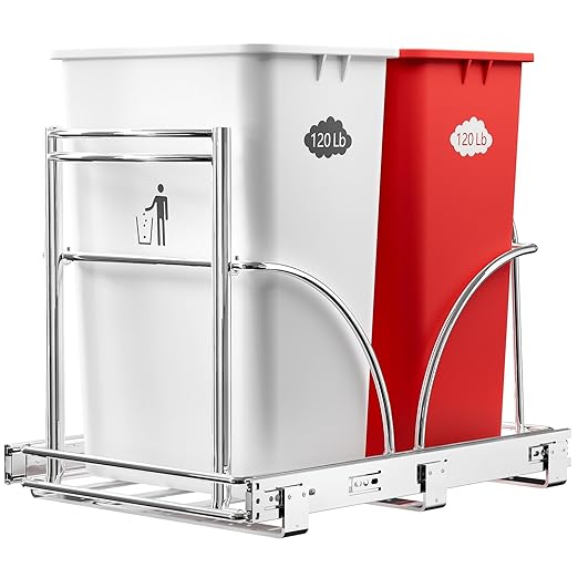 Dual Under Sink Trash Can Heavy Duty Pull Out Trash Can Under Cabinet, Fits 2x35Qt (7-9 Gal) Commercial Trash Cans Cabinet Trash Bin Pull Out Kit Requires ≥ 22''Dx 16''Wx 17''H, No Can (Silver)