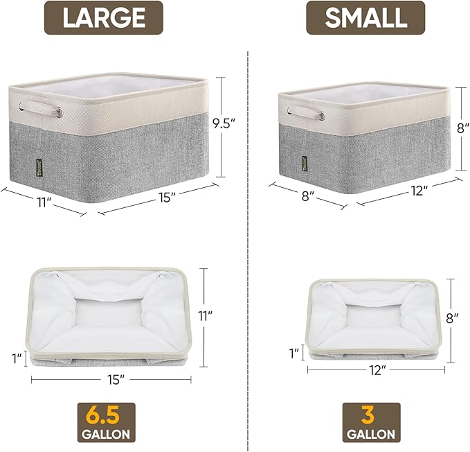 BALEINE 2 Pack Fabric Storage Bins for Shelves, Linen Storage Baskets for Organizing, Decorative Closet Bins for Clothes, Home (Grey, 12"x8"x8")