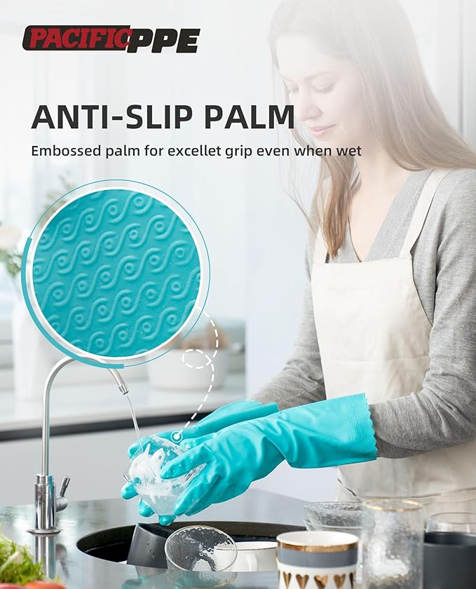 PACIFIC PPE 4 Pairs Reusable Dishwashing Cleaning Gloves with Latex Free, Cotton Lining, Kitchen Gloves, Green, Large