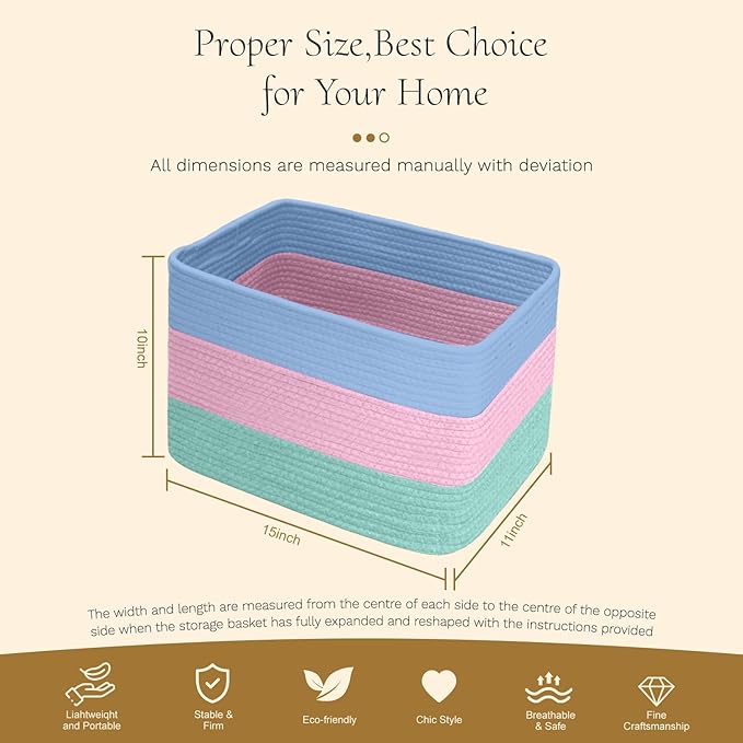 Hopegiver Woven Storage Baskets 15x11x10 Inch, 1 Pack Collapsible Cube Storage Bin for Shelves - Foldable Cotton Rope Organizer Bins for Towels, Toys, Books, Closet, Nursery (Blue Pink Green)