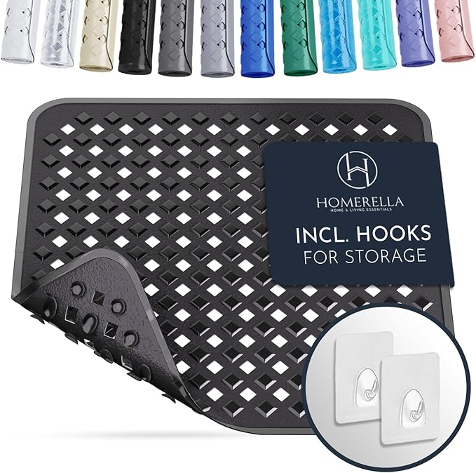 Homerella Anti Slip Shower Mat | Anti Mold Non Slip Bathtub Mat for Inside Shower | Square Floor Shower Mat 21 x 21 inch with Suction Cups for Grip & Hooks Hanging and Quick Drying | Machine Washable