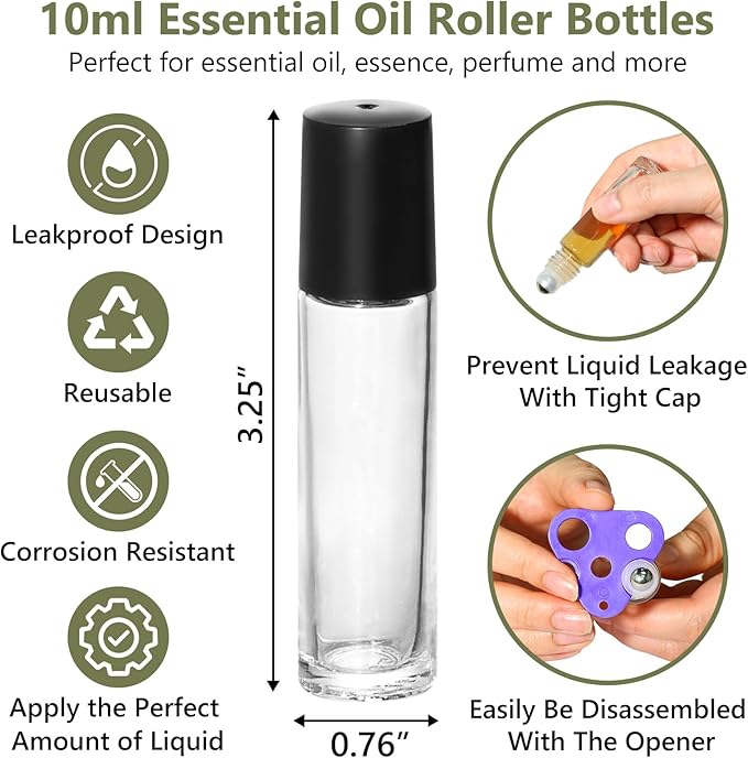 KEYWING 54 Pack Clear Essential Oil Roller Bottles – 10ml Glass Roll-On Bottles with Stainless Steel Roller Balls & Caps, Refillable Perfume Containers for Travel & DIY