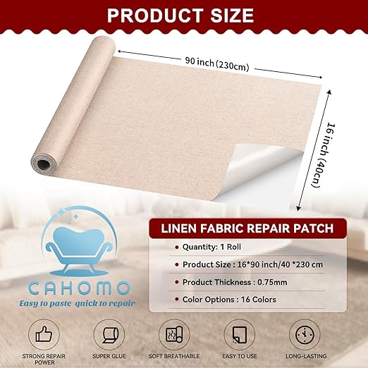 Linen Repair Tape 16x90 inch, Self Adhesive Fabric Patches, Linen Patch Tape Kit, Fabric Repair Tape for Couch Sofas, Headboards, Chairs, Pillows, Curtains, Couches - White