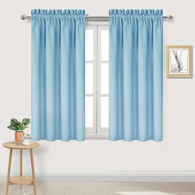 DWCN Blackout Curtains Thermal Insulated Energy Saving Bedroom and Kitchen Curtains Window Treatments, W 38 x L 45 Inch, Set of 2 Light Blue Rod Pocket Drapes