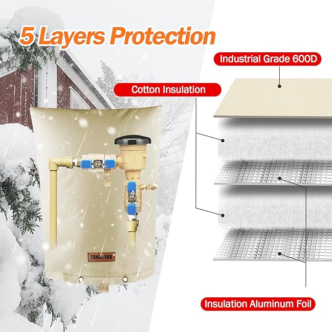 Backflow Preventer Pipe Insulation Cover (5°F) - Irrigation Sprinkler Valve Insulated Pouch - Water Well Pump Cover - Sturdy 5 Layers for Winter Freeze Protection, 10" W x 20" H, Beige